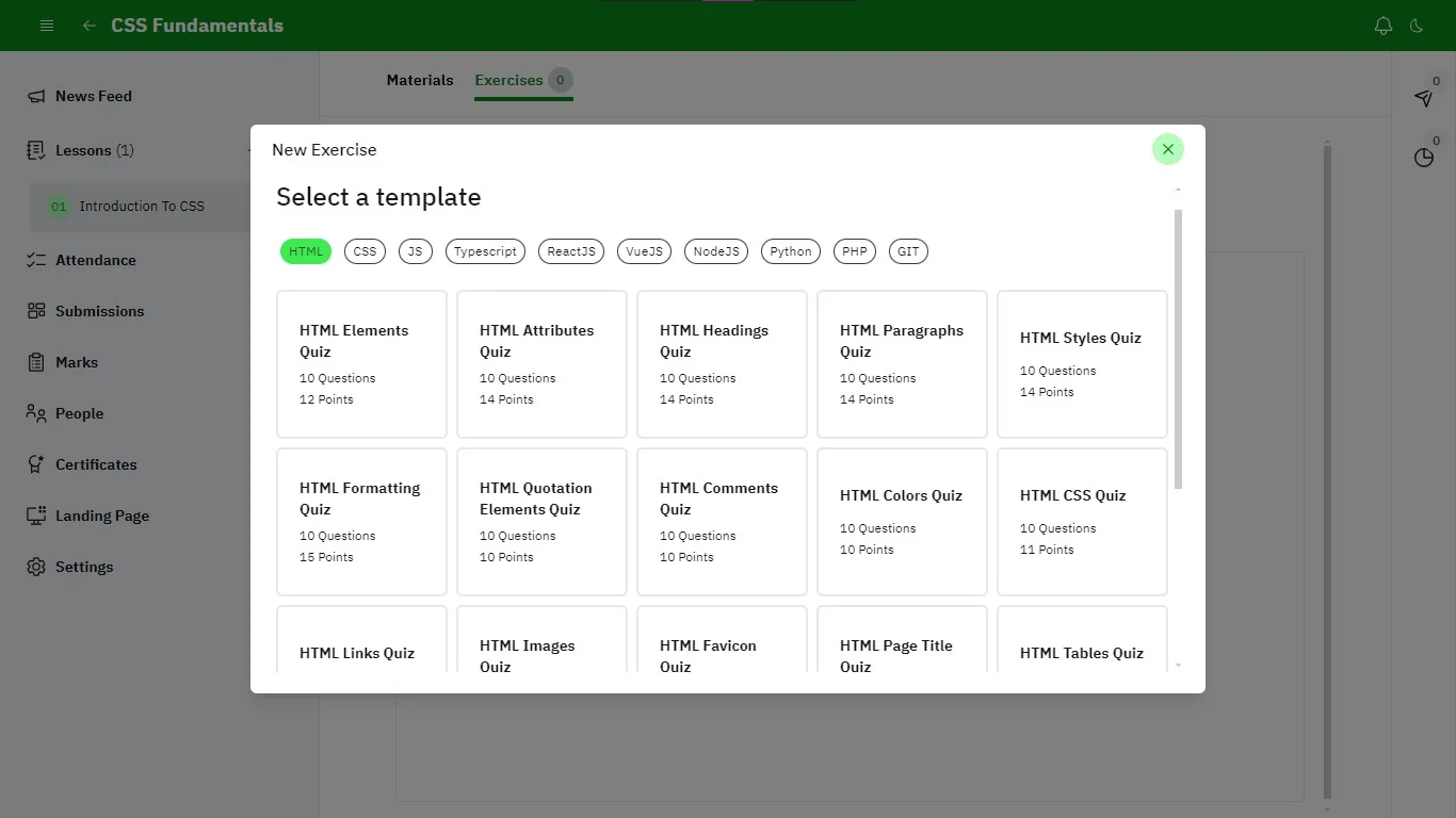 A pop-up displaying new exercise with an array of exercise templates